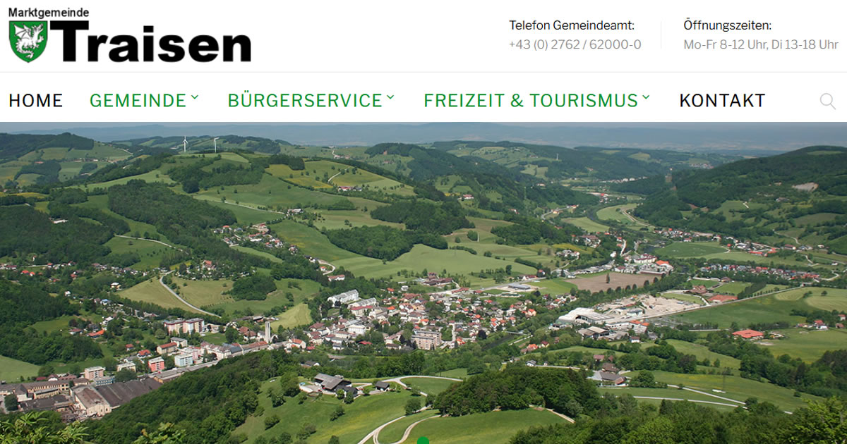 Abbild der Startseite der offiziellen Internetpräsenz der Marktgemeinde Traisen unter www.traisen.gv.at
