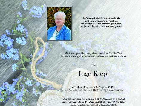 Wir trauern um Inge Klepl