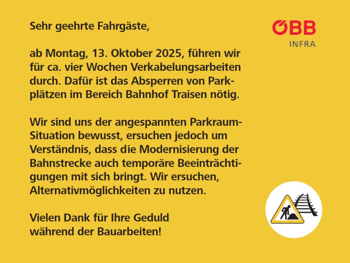 Parkplatzsperre im Bereich Bahnhof Traisen durch die ÖBB